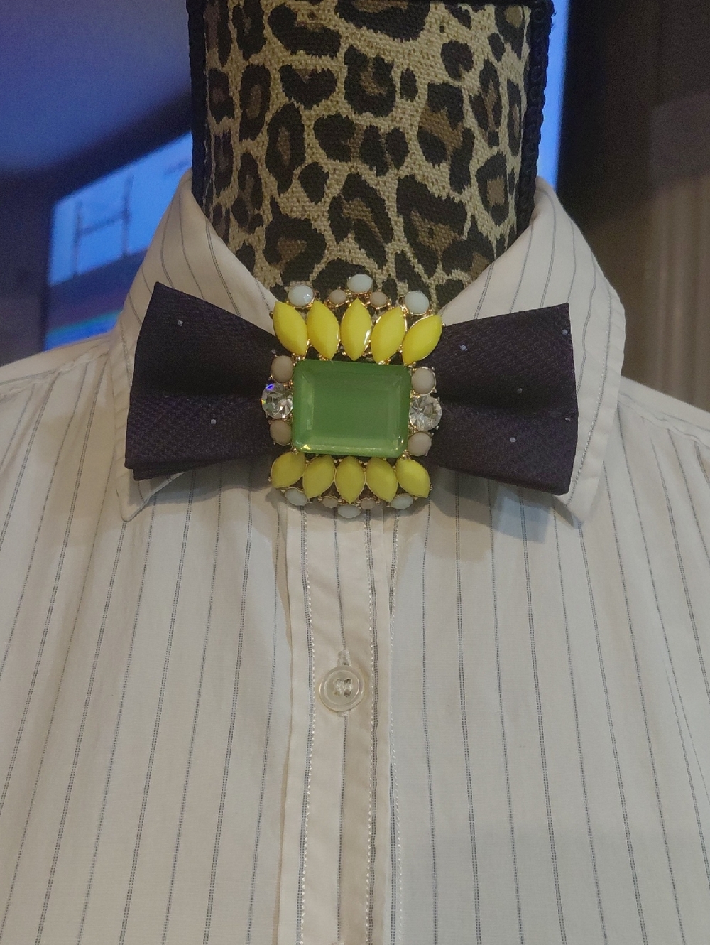 Men's Black Bow Tie with Yellow & Green Jeweled Brooch